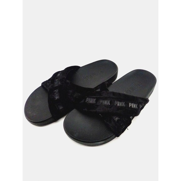 Victoria's Seceret Pink Criss Cross Furry Comfort Sliders Black 8 - Picture 7 of 9